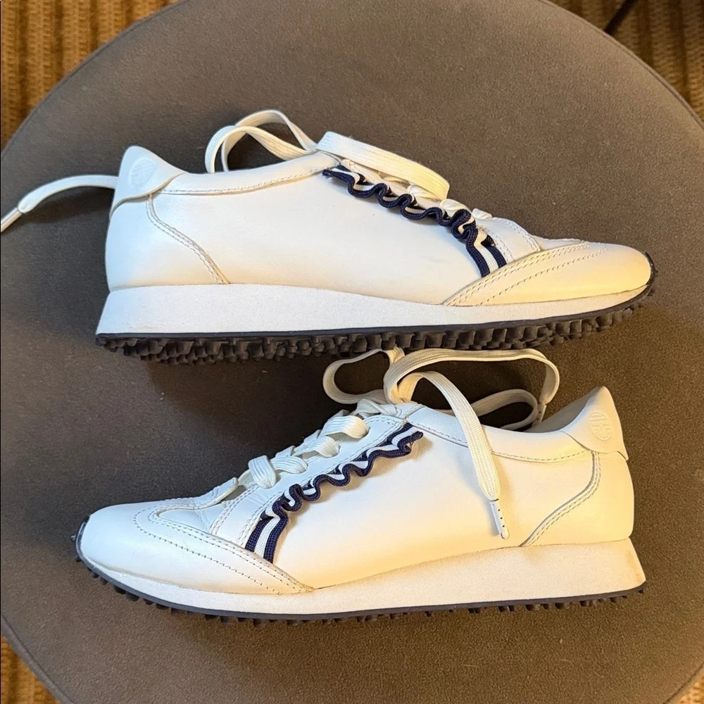 Tory Sport White Sneakers with Navy Ruffle Detail Golf Running Trainer
